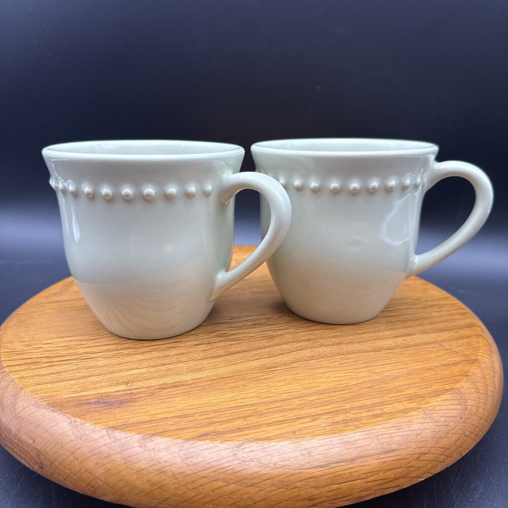 Pottery Barn Emma Coffee Mug Green Celadon Beaded Rim 12 oz Portugal 2x